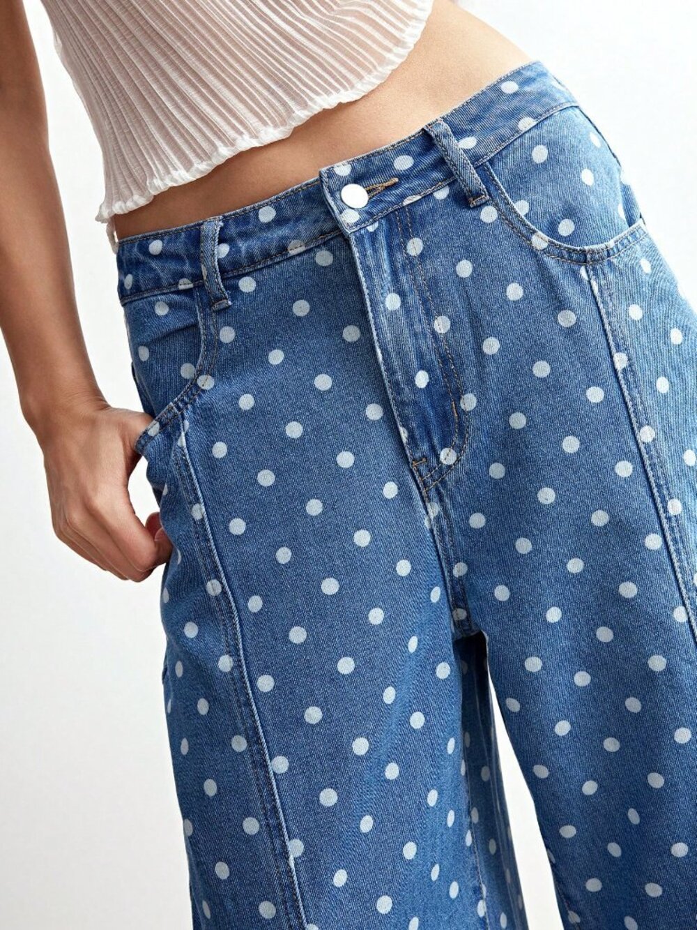 Blue Casual Women's Polka Dot Woven Denim Loose Long Pants - Picture 3 of 6